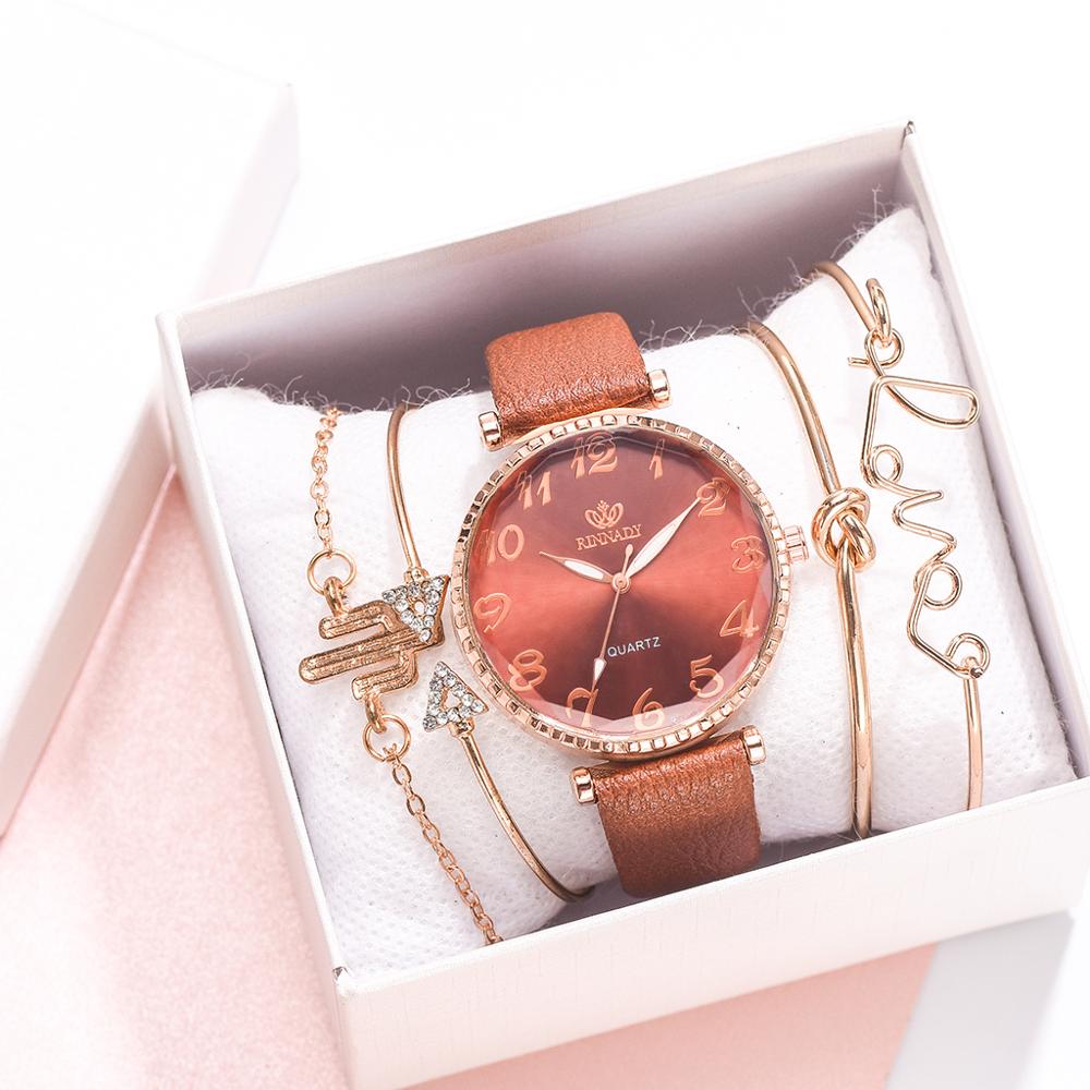 Leather Watches Women Bracelet Set 5PCS Simple White Band Causal Dress Clock Ladies Sports Wrist Watch