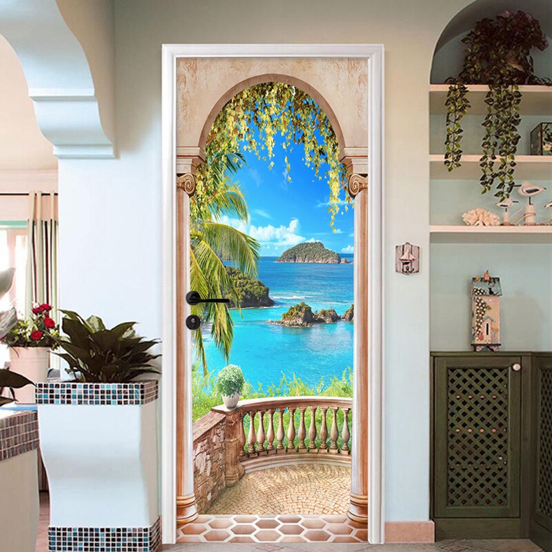 Pegatina de decoración de Puerta del hogar 3D foto de la playa Mural papel pintado sala de estar dormitorio PVC autoadhesivo impermeable pegatinas creativas DIY