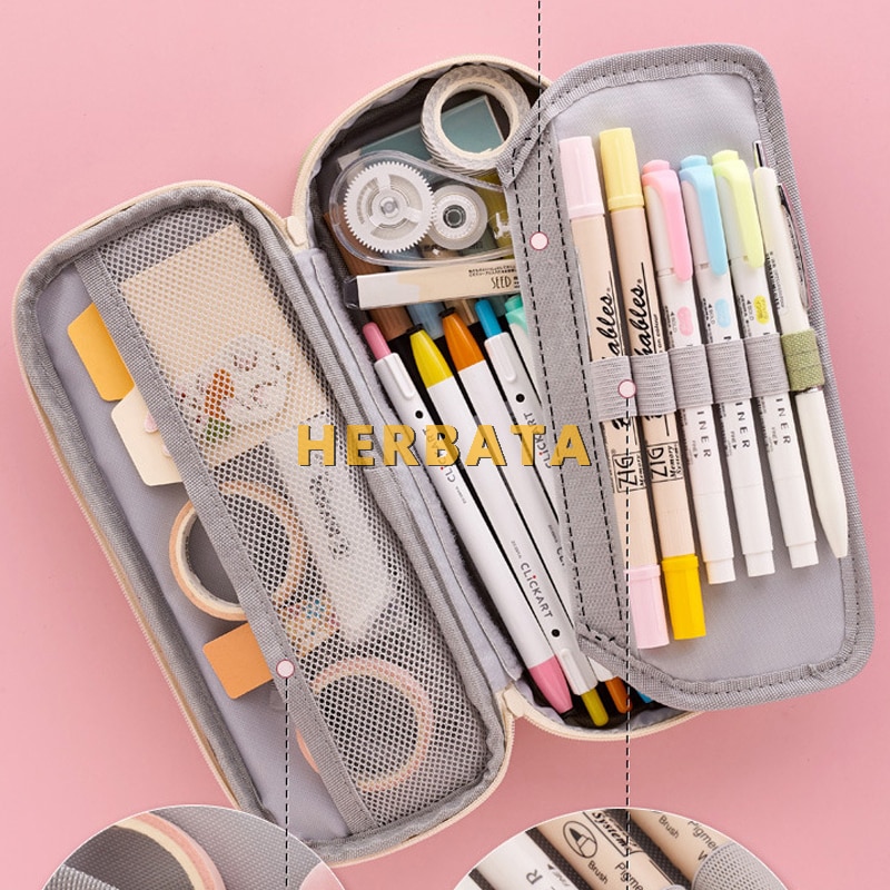 Grote Capaciteit Draagbare Dubbele Laag Eenvoudige Effen Kleur Doek Etui Briefpapier Met Verwijderbare Compartiment Schoolbenodigdheden