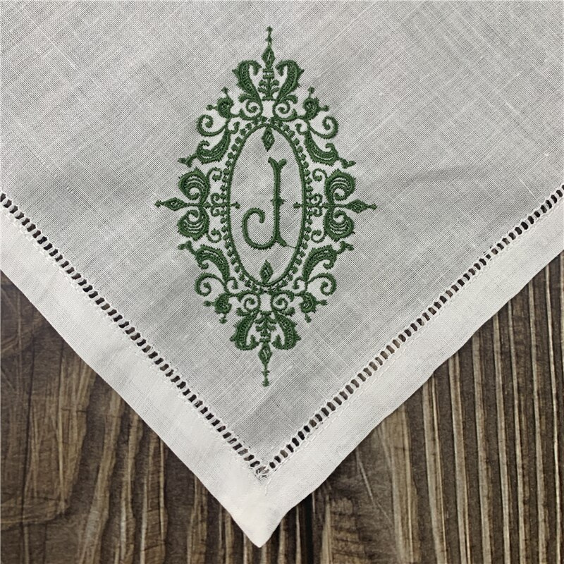 12 Pcs Monogram Zakdoeken Wit Pure Ramee Stof Zakdoeken Hemstitched Grens/Plain Klassieke 13X13-Inch: Letter J Dark green