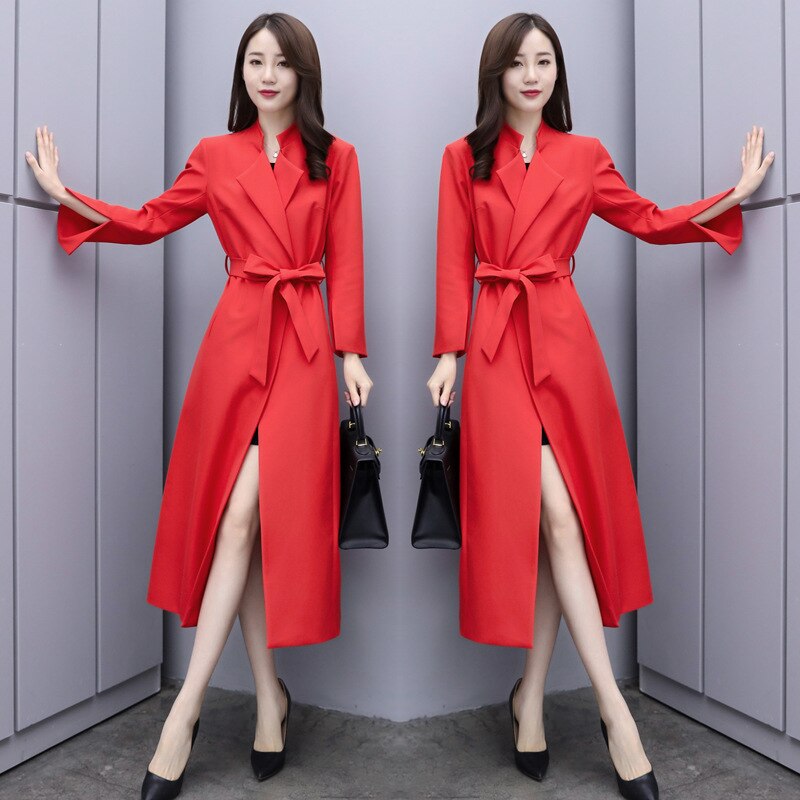 Trench Coat Women's Mid-length Style Korean-style Red Overcoat Waist Hugging Slimming Spring And Autumn over-th