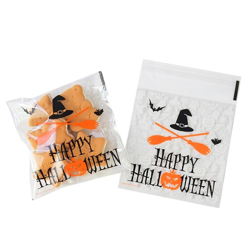 50 kpl 10*10cm onnellista halloween-pussia keksi-karkkipussi muovipakkauspussit kekseille välipala halloween-juhlien sisustustarvikkeet: B01