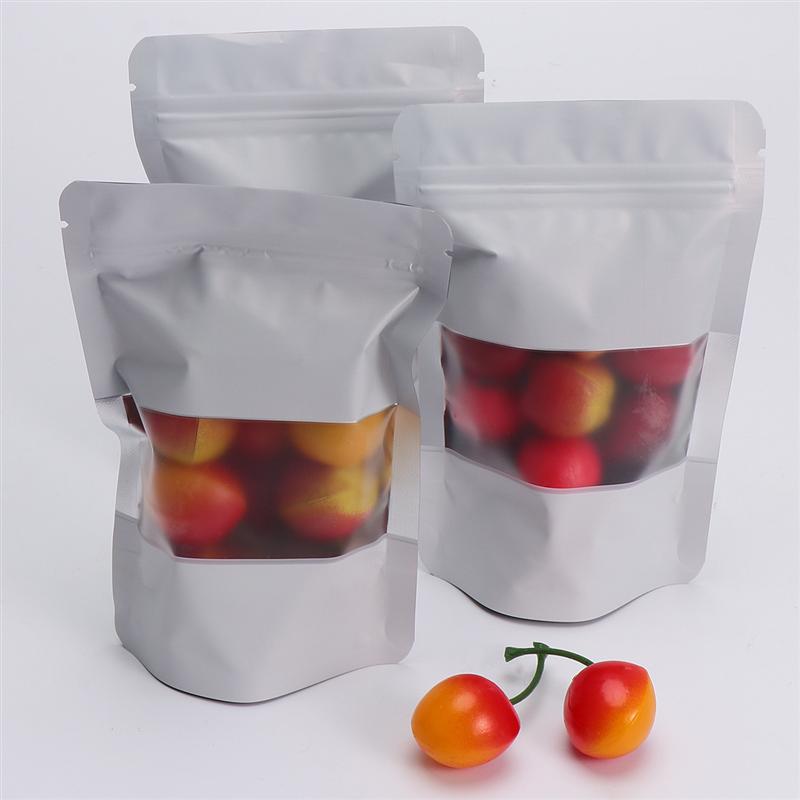 100pcs Aluminized Reclosable Zip Bags with Clear Window Standing Bulk Food Storage Pouch Packaging Bag (White)