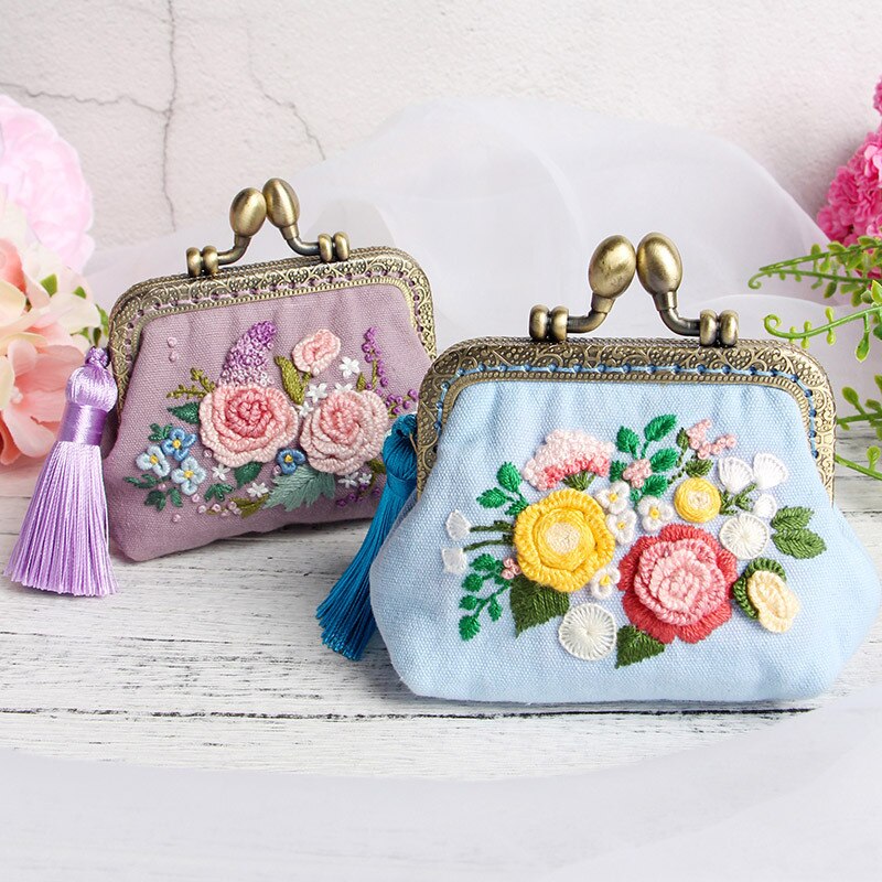 Bordado diy fita flores bolsa, carteira, bolsa de mão, ponto cruz kit para iniciante, bordado, artes de costura, presentes para amigos
