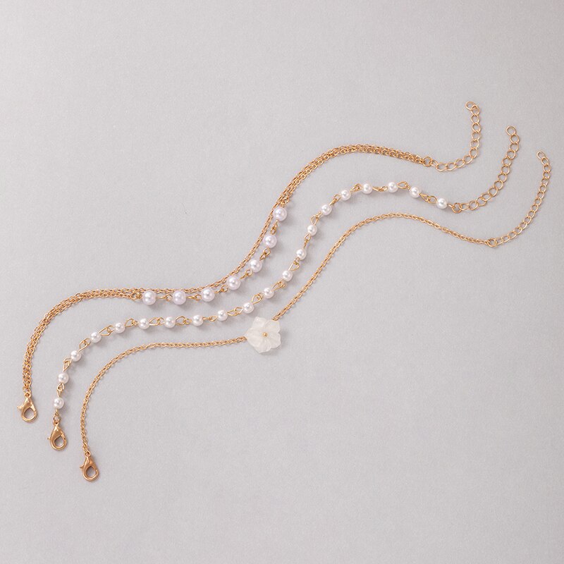 Tocona Mooie Witte Bloemen Enkelband Voor Vrouwen Elegante Parel Steen Kralen Voet Ketting Goud Legering Metalen Sieraden 3 Stks/sets 20850