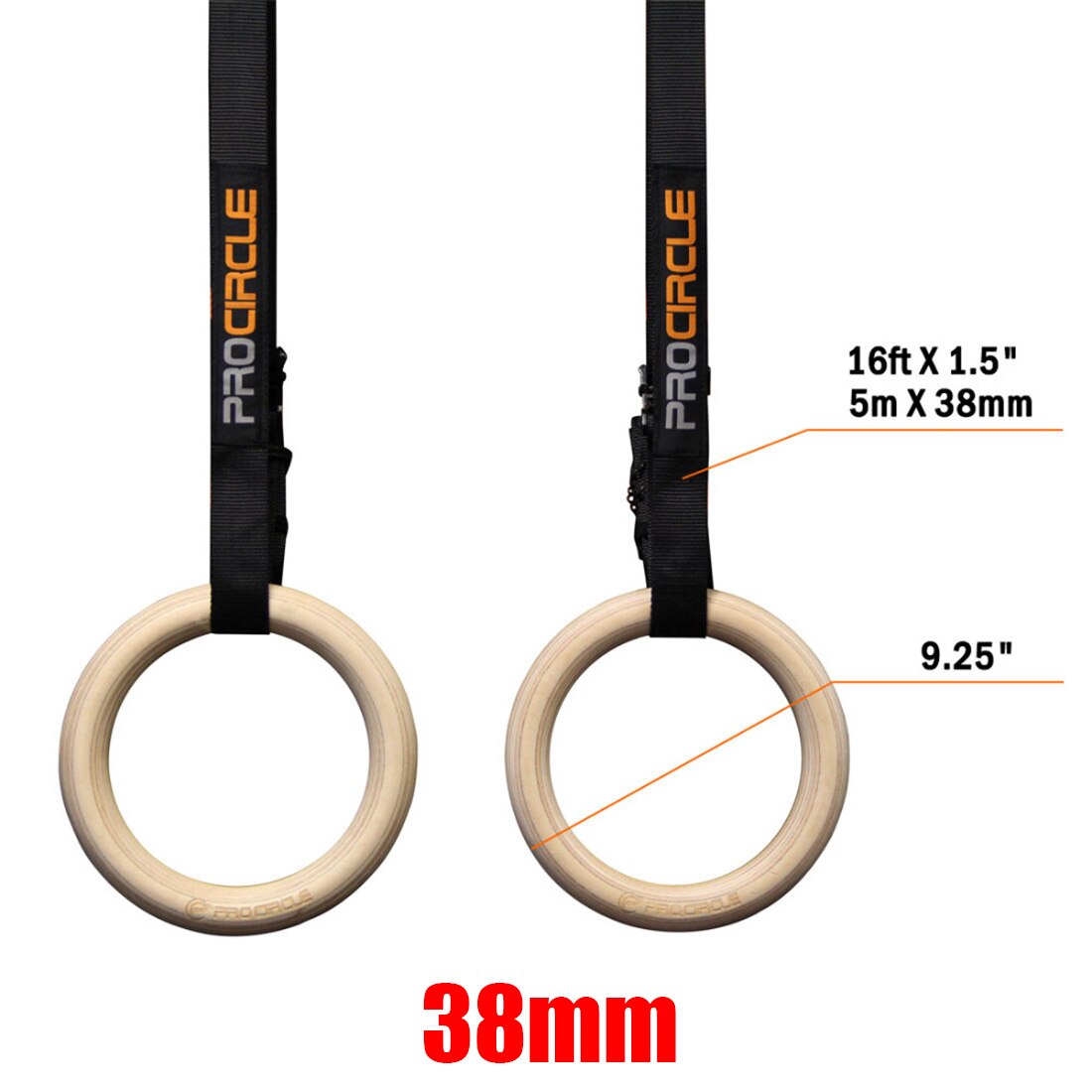 1 par de anillo de gimnasia de madera pura Procircle, anillo de entrenamiento de fuerza olímpica, anillo de cincha colgante para gimnasio y Fitness: 38mm L
