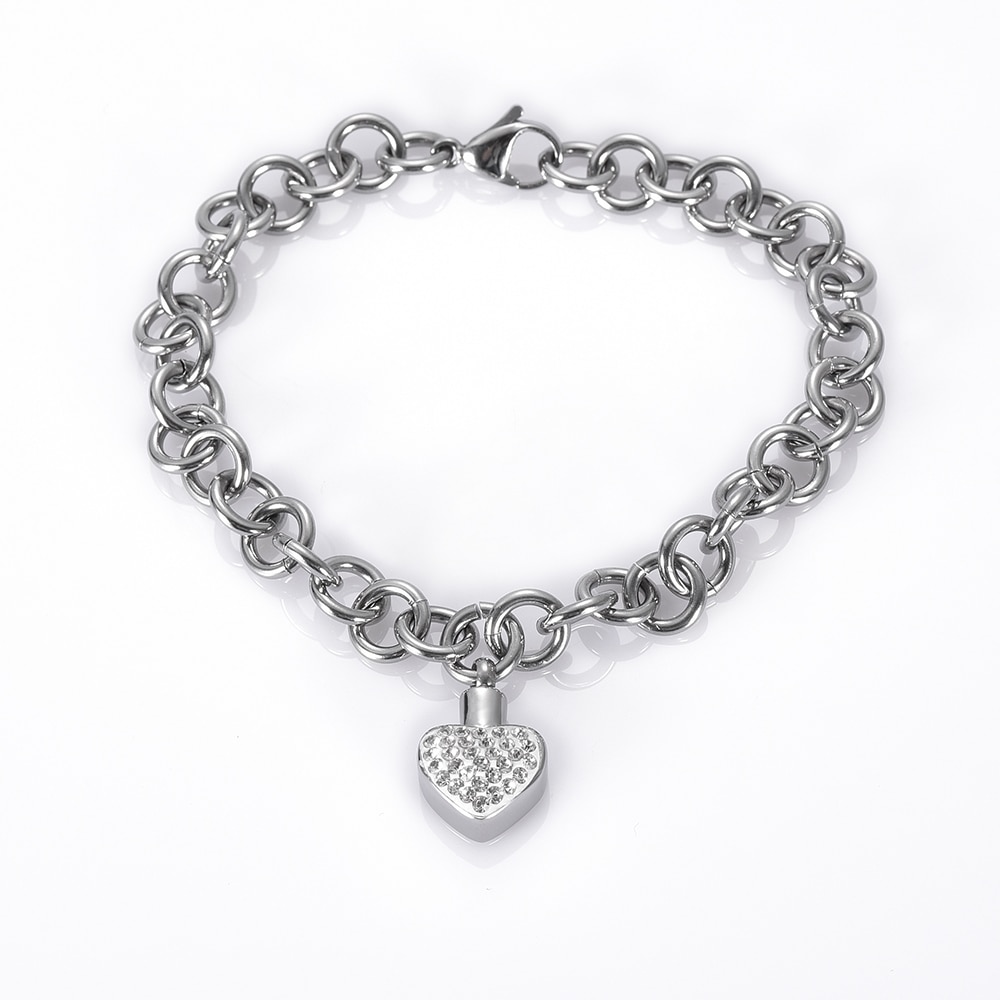 Ijb 5105 kleine kristallen hart urn bedel armband voor vrouwen roestvrij staal o-vormige ketting crematie armband ashouder