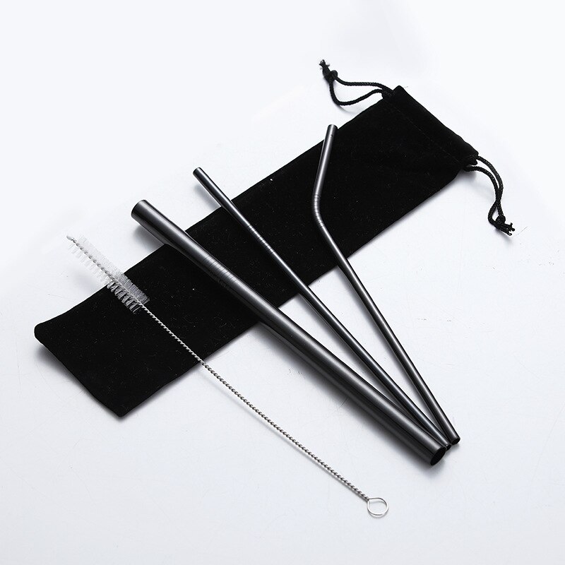 Bubble Tea Stainless Steel Straw Reusable Drinking Straws Set Curved Metal Straws Bag with Brush For Smoothies Juice Tea: Black