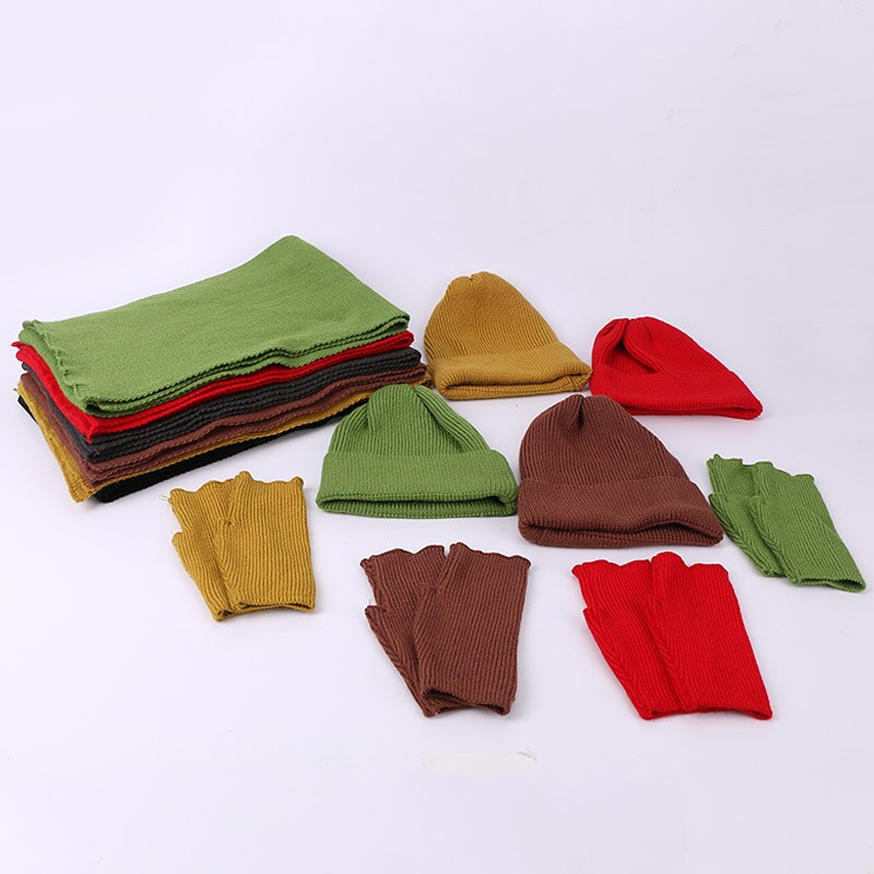 Kvinner vinter kanin hairr hansker skjerf lue tredelt sett kvinnelig strikk utendørs varm hatt caps skullies beanies sett