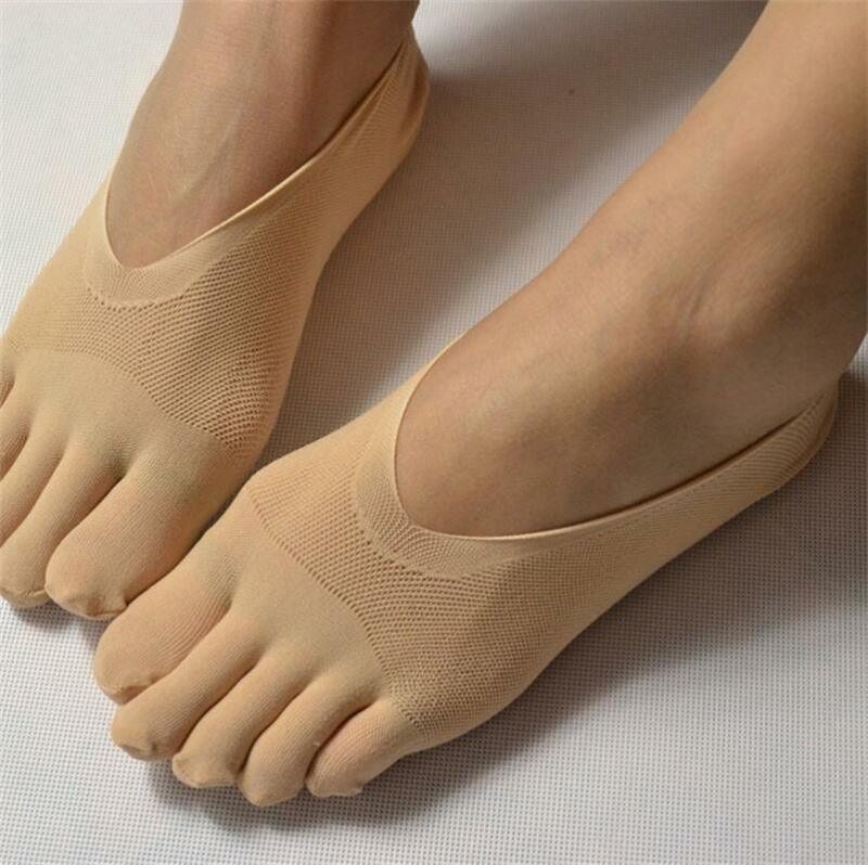 1Pair Women Solid Seamless Low Cut Sock Slippers Crew Ankle Five Finger Toe Boat Invisibility Non-slip Socks Slippers Hosiery