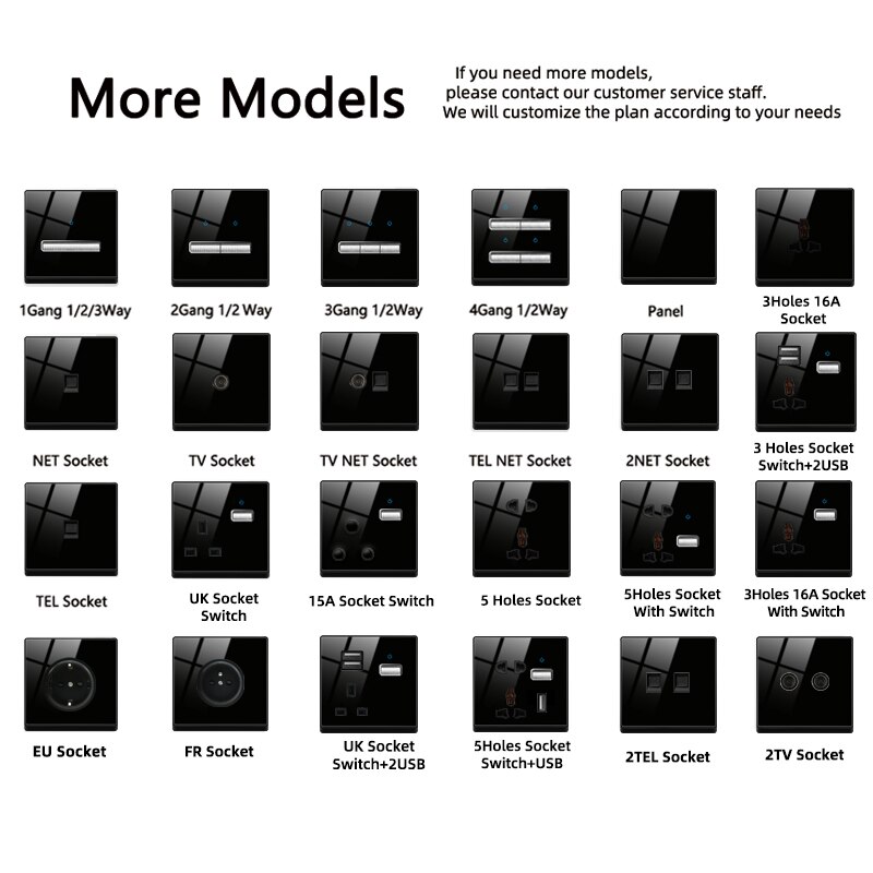 Atlectric Wall Sockets Internet With TV Outlet CAT5 Data Network Dual Computer Black Luxury Glass Panel Phone Socket 86mm*86mm