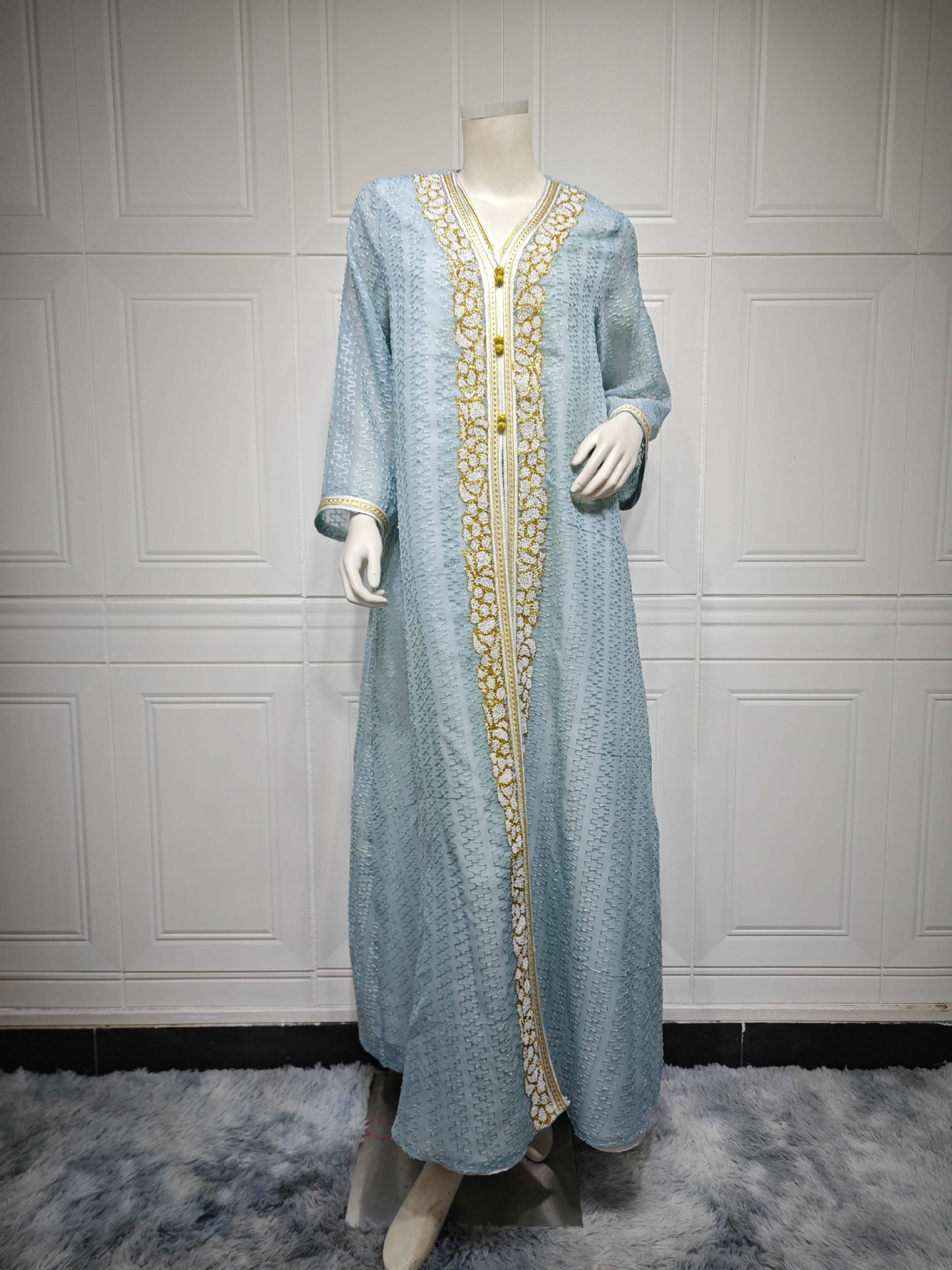 Uni moda muçulmano dubai luxo mulher abayas conjunto de duas peças com faixas com decote em v com cinto vestidos de cetim marroquino robe islâmico