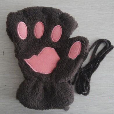 Mitaines en peluche pour femmes, mignonnes, patte de chat, peluche douce et chaude, courtes, sans doigts, ours pelucheux, gants de chat, Costume demi-doigt, noir, Beige: K