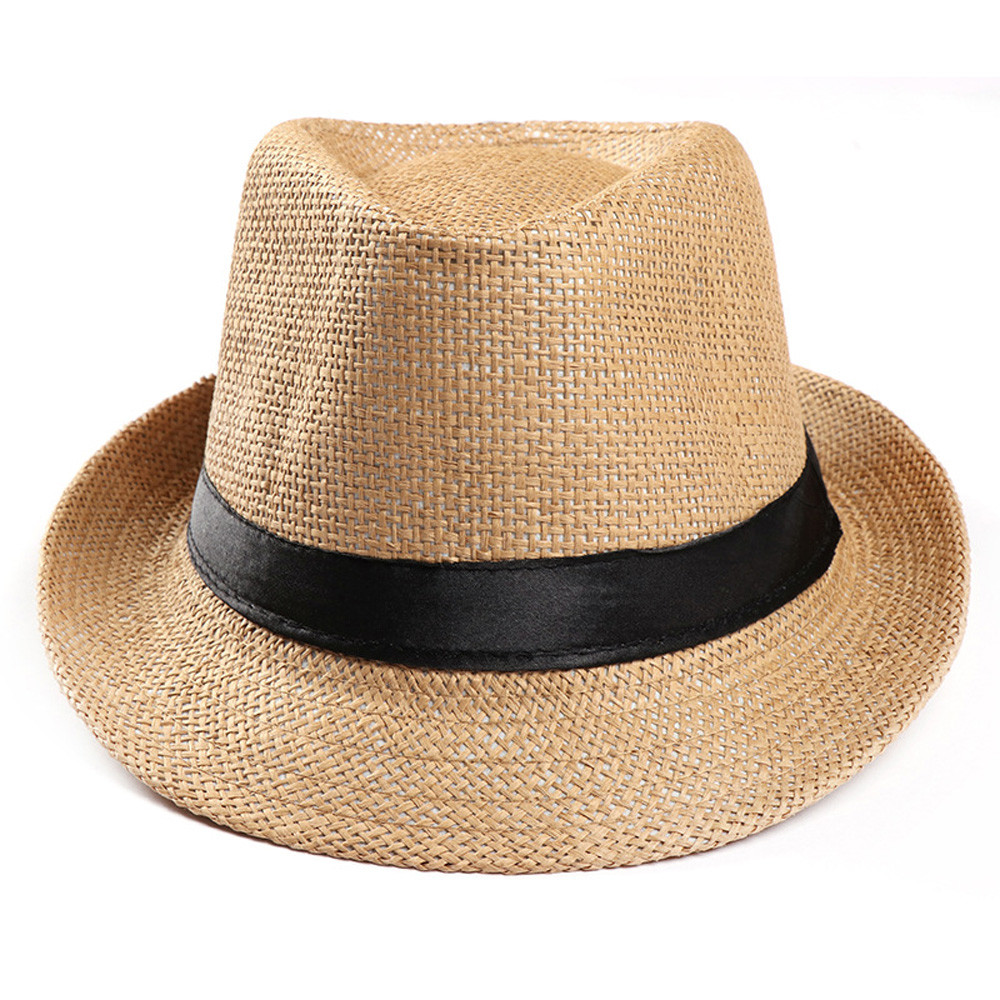 Sombrero para el sol para mujer y hombre, informal de verano, sombrero de paja para el sol para la playa, sombrero Fedora de vaquero, gorra de gángster, sombrero para el sol, sombrero pequeño con protector solar: Caqui