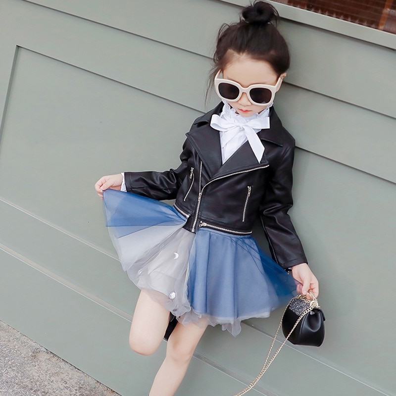 Liakhouskaya Spring Kids Leather Jacket Girls PU Jacket Children Leather Outwear For Girl Baby Girl Jackets Skirt