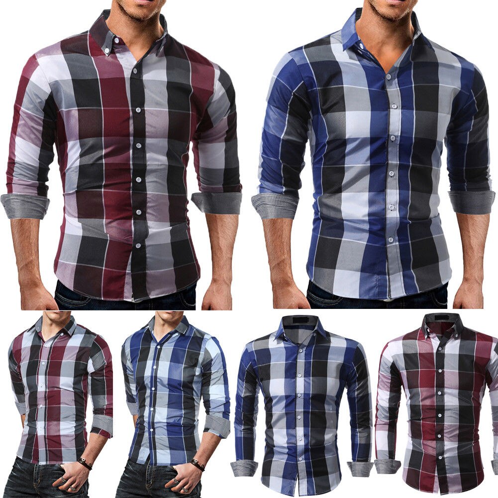De los hombres de la Slim Fit de manga larga a cuadros de algodón camiseta Casual camisas Chemise Homme hombre cuadros guapo Casual hombres blusa