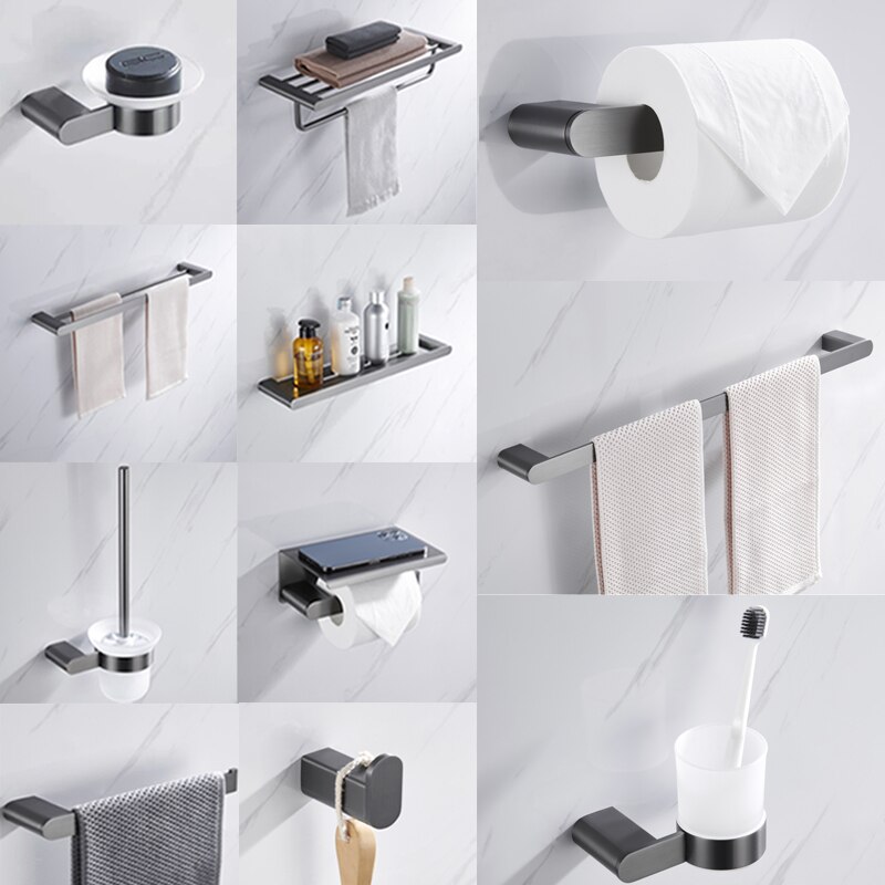 Bathroom Accessories 304 Stainless Steel Towel Rack Shelf Metal Gray Color Toilet Paper Holder Robe Hooks Cloth Hanger