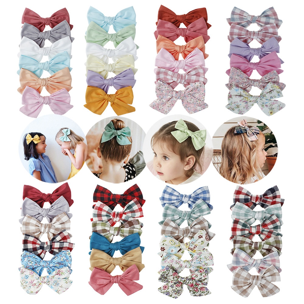 6 Stks/partij Baby Haar Clips Voor Meisjes Plaid Haarspeld Kids Big Bows Barrette Bloemen Printing Baby Kinderen Katoenen Haaraccessoires