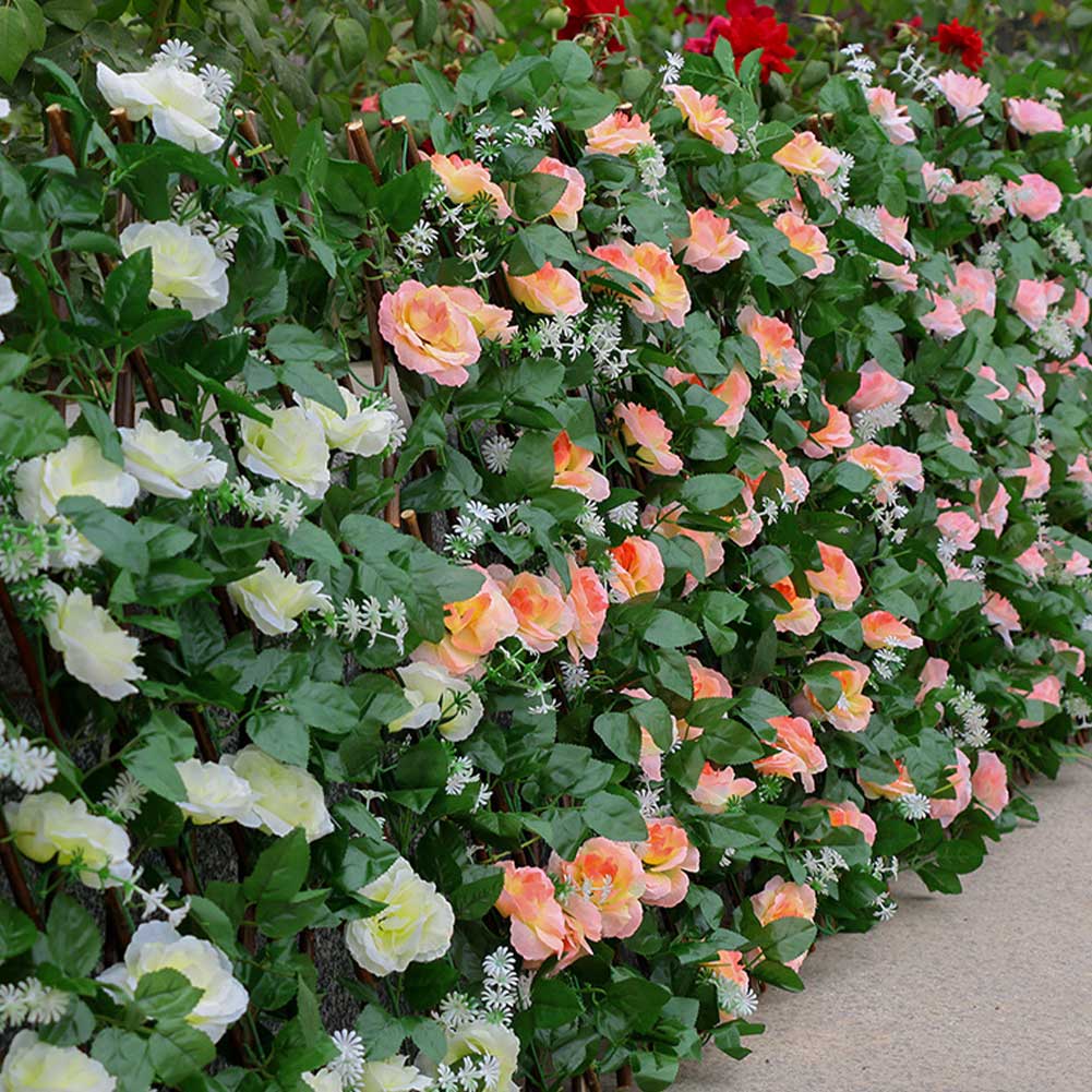 Kunstmatige Hek Achtertuin Privacy Screen Tuin Decoratie Doek Bloemen Screening Houten Hedge Met Knoppen Bladeren Uv Bescherming