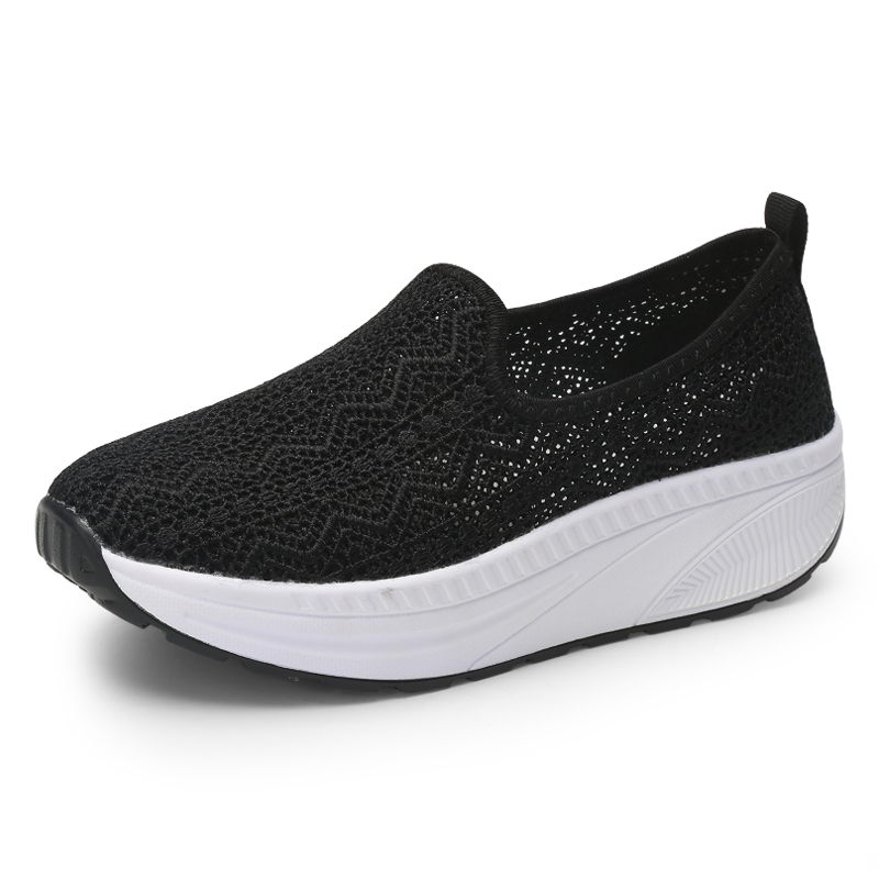 Women Slimming Shoes Women Breathable Platform Swing Shoes Mesh Breathable Height Increasing Female Toning Sneakers: Black / 35