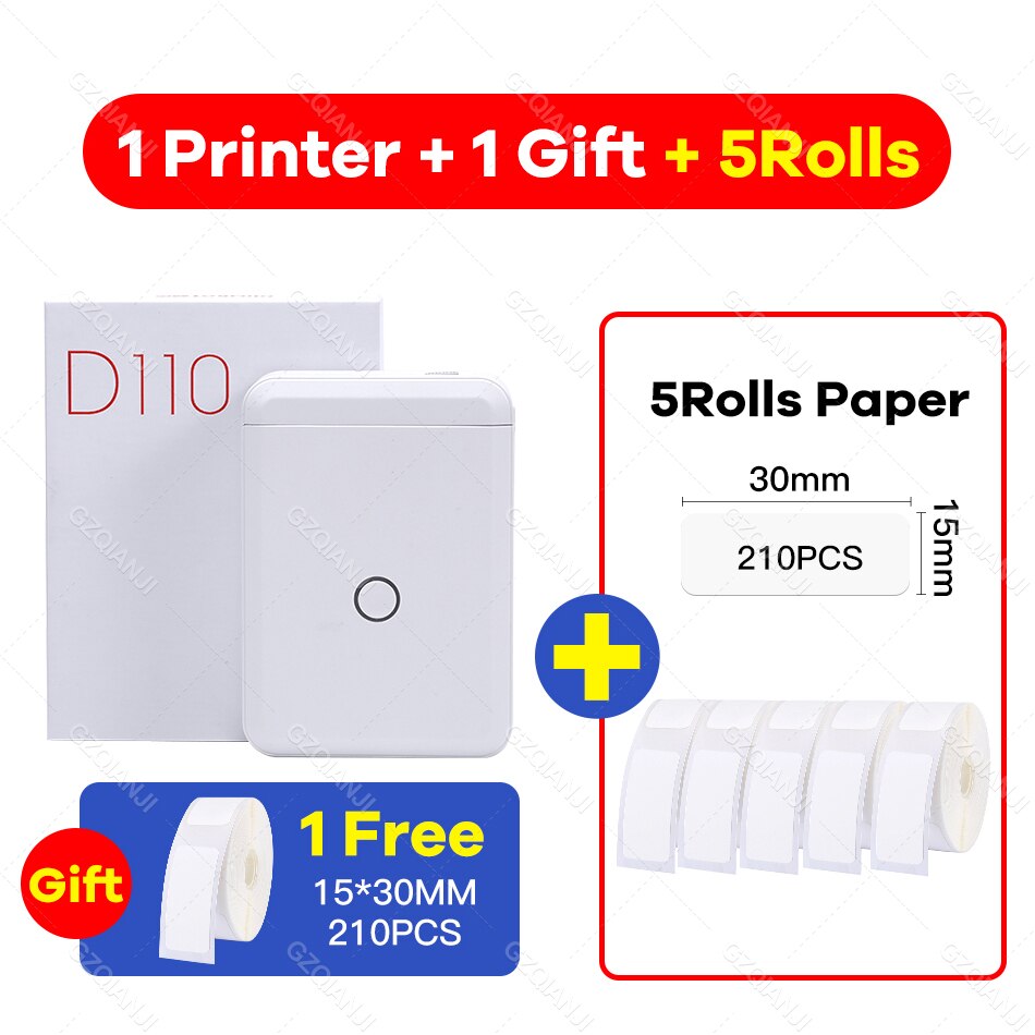 Niimbot  d110 etiketprinter mini klistermærke papirrulle transparenter trådløs bluetooth telefonprinter etiket prisskilt udskrivning etiket: Tilføj 5 hvide etiketter a