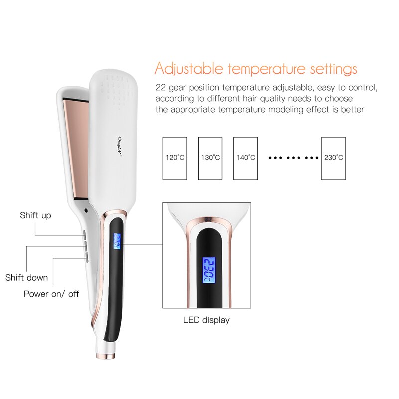 Hair Flat Iron Wide Plate Hair Straightener Curler Fast Heating LED Display Hair Straightening Curling Styling Tool