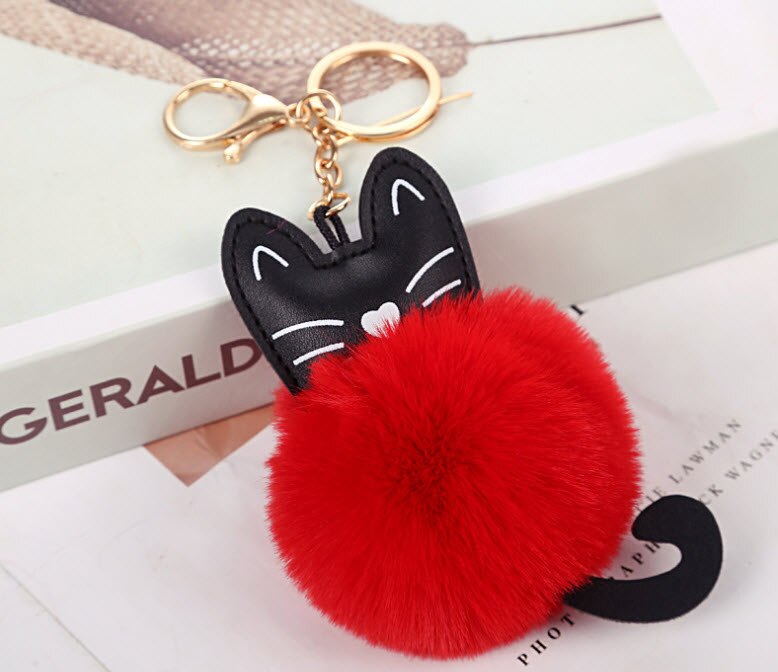 LLavero de gato colgante de 8cm, adorno de bola de gato enchufado para bolsa y mochila: Rojo