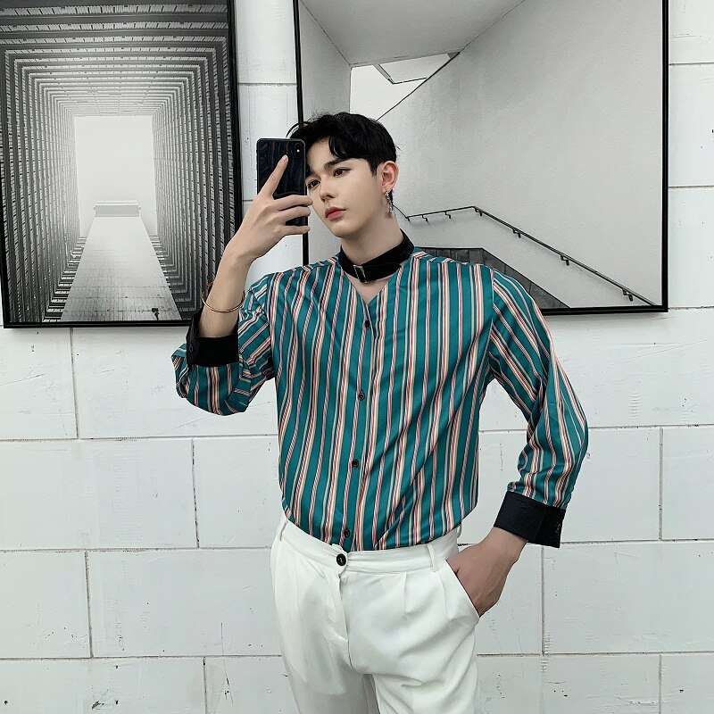 Mænd sommer slips stå krave afslappet stribe skjorter mandlige streetwear hip hop gotiske kjole skjorter scene show fest skjorte
