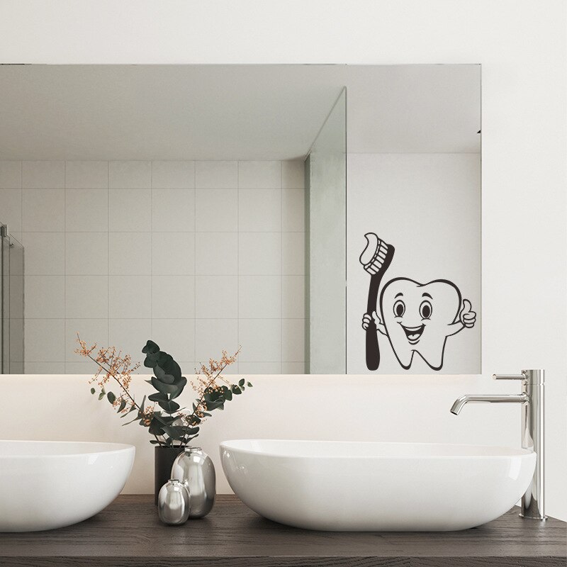 Cartoon cute teeth brush stick bathroom glass home DIY wall background decorative PVC wall stickers self adhesive room decor`