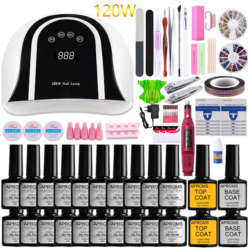 Manicure set nail kit 40/30/20/10 nail gel polish nail set electric nail drill machine pro uv led nail lamp dryer nail salon kit: 20 gel -120w m1