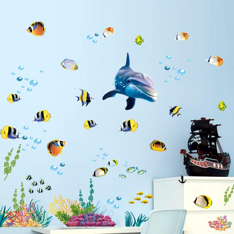Dolphin Fish Aquarium Ocean Wall Sticker For Kids Rooms Bathroom Kitchen Home Decor Cartoon Animals Decals Pvc Mural Art