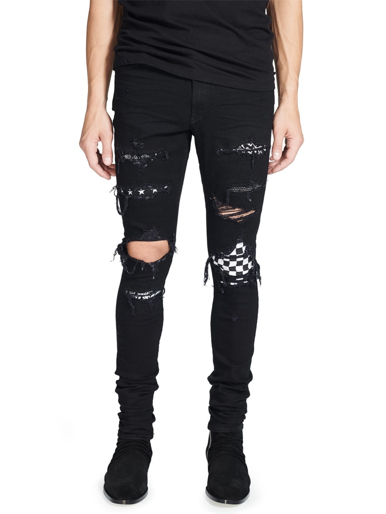 High Street Men's Jeans Black Color Destroyed Hip Hop Jeans Men Broken Punk Pants Patch Skinny Ripped Jeans For Men