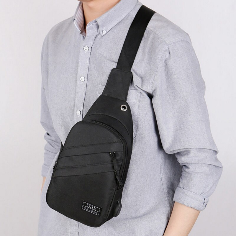 Men Crossbody Bag Waterproof Chest Bags with Headphone Hole USB Charging Port Outdoor Travel Shoulder Bags Anti-theft Pack