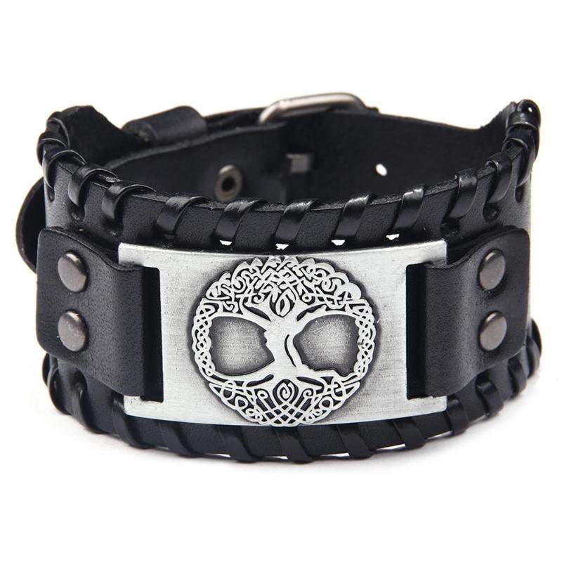 Runas nórdicas Vegvisir brújula pulsera vikinga pulseras nórdicas brújula brazalete de cuero ancho pulsera nórdica hombre joyería: Silver C