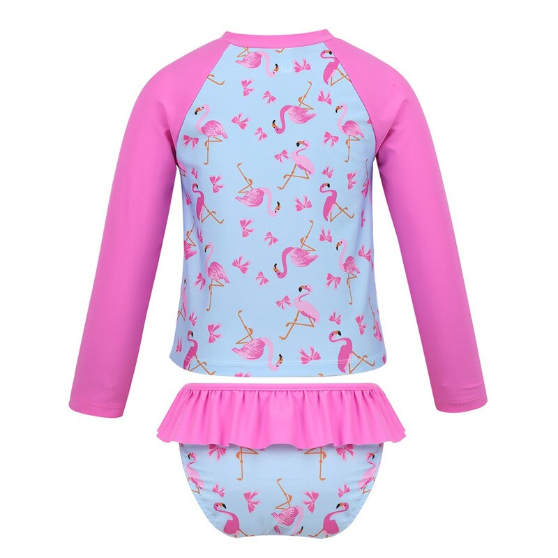 freundlicher Mädchen Tankini Badeanzug Lange Ärmeln Flamingo Gedruckt Rashguard Bademode Badeanzug einstellen Spitzen mit Rüschen Schwimmen BöHöhle