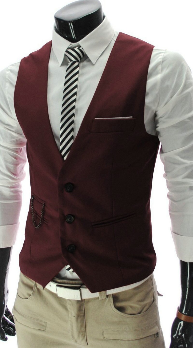 Spring Wedding Dress Waistcoat Business Formal Vest Men's Cotton Gentry Suits Tops: wine red / L