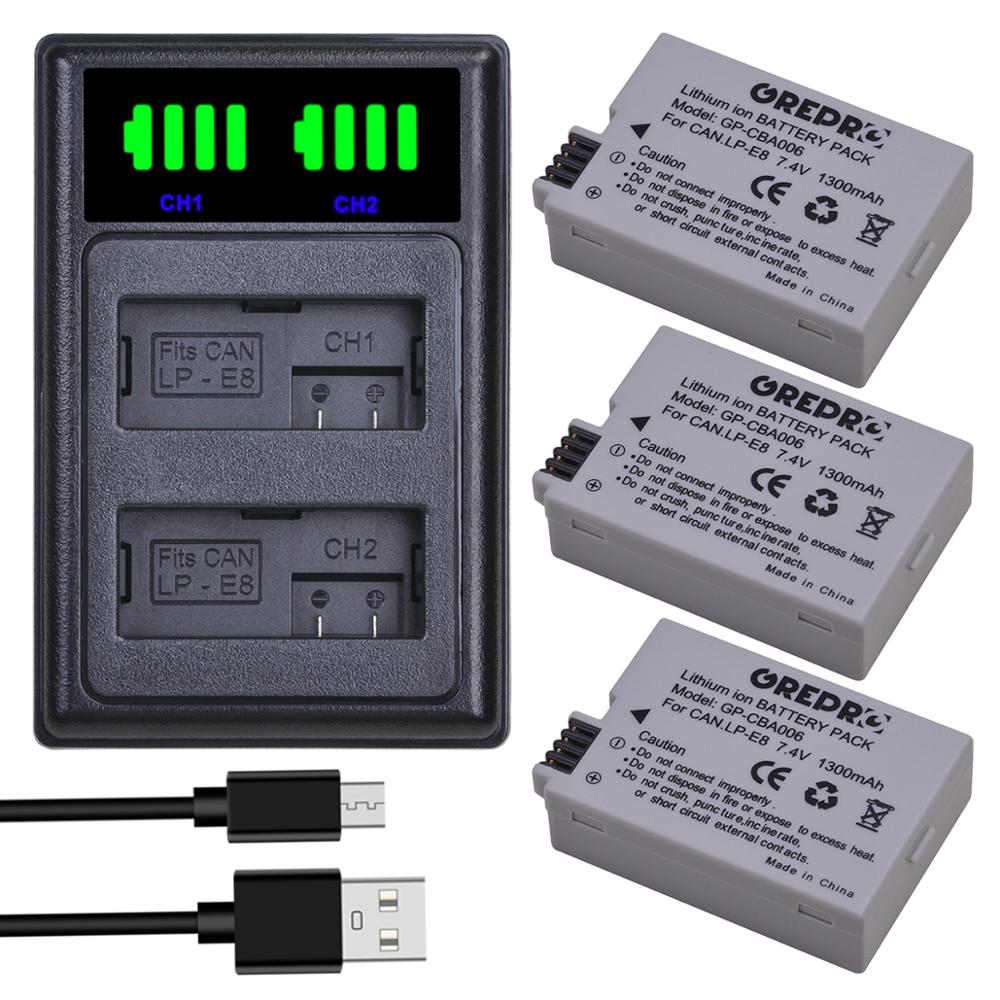 2Pcs LP-E8 LPE8 LP E8 Camera Battery + LED Dual Charger with type-C port for Canon EOS 550D 600D 650D 700D X4 X5 X6i X7i T2i T3i