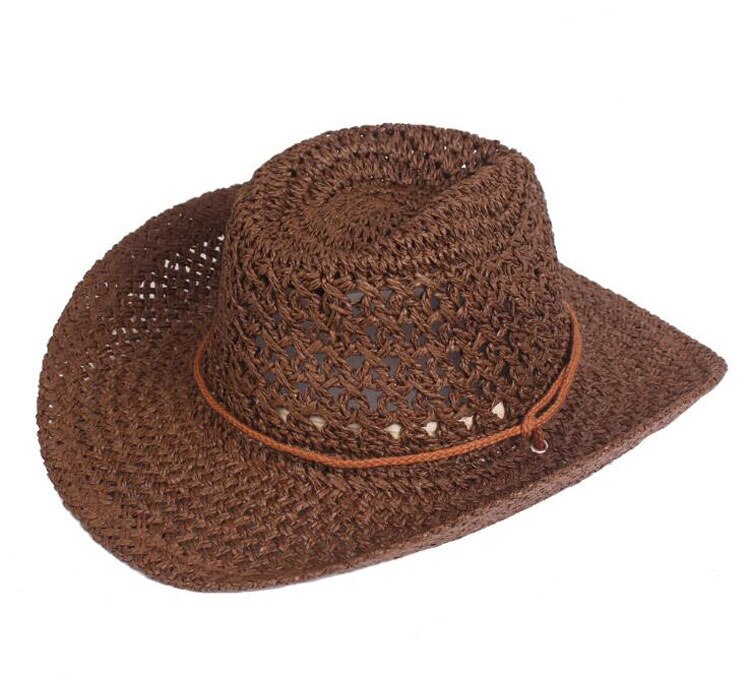 Mænd cowboy western hat unisex hæklet halm chapeau voksen panama kasket udendørs strand hatte og kasketter til mænd sommer hat kvinder: Brun