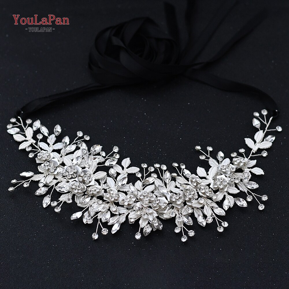 YouLaPan SH349 Wedding Sash Bridal Belts White Ribbon Bridal Sash Rhinestone Bridal Belt Handmade Silver Crystal Wedding Sashes: Black ribbon