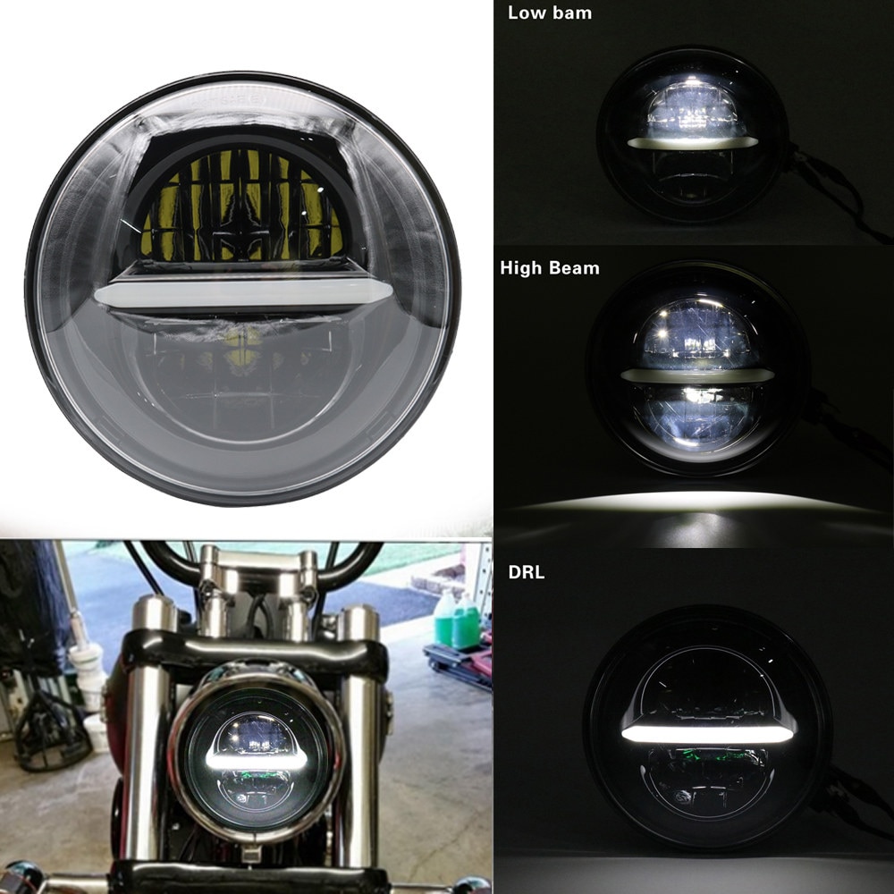 Black 5-3/4" Round Angel Eye LED H4 Headlight 5.75 inch Headlamp For Harley Dyna Low Rider Sportster Softail Breakout FXSB Super