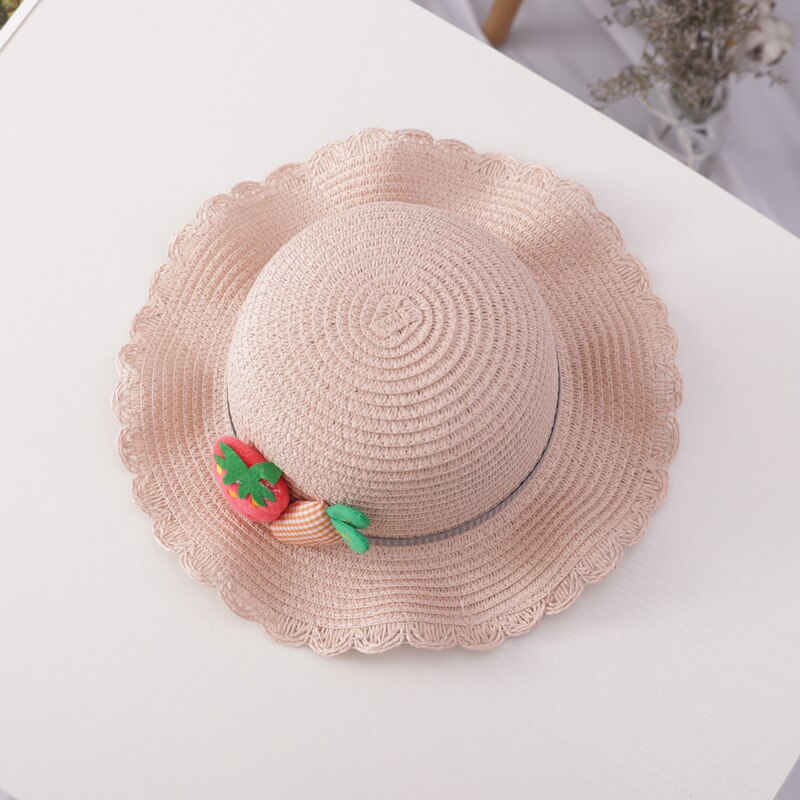Sombrero tejido de paja bolso bandolera para niña de verano dibujo bonito fresa playa viaje protector solar onda de encaje gorra de sol U5