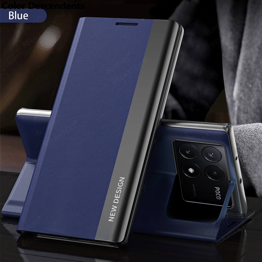 För poco  x6 pro 5g fodral i bokomslag, elektropläterat läder, flipfodral, pocox 6, poco little  x 6 x6 pro 6x, magnetiskt hållare, stativ: Magmuskler / Marinblå