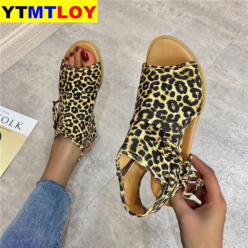 Sandalias Retro de verano para niña, Sandalias planas con punta abierta de leopardo, sandalias de mujer con cremallera para coser, zapatos de playa informales de para uso diario, tallas 37-41 para mujer