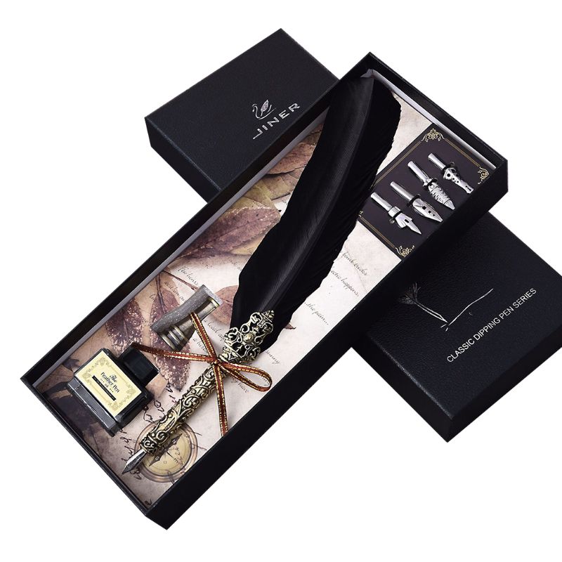Vintage Handmade Feather Quill Dip Fountain Pen with Ink Nibs English Calligraphy Writing Stationery Wedding 090F: BK