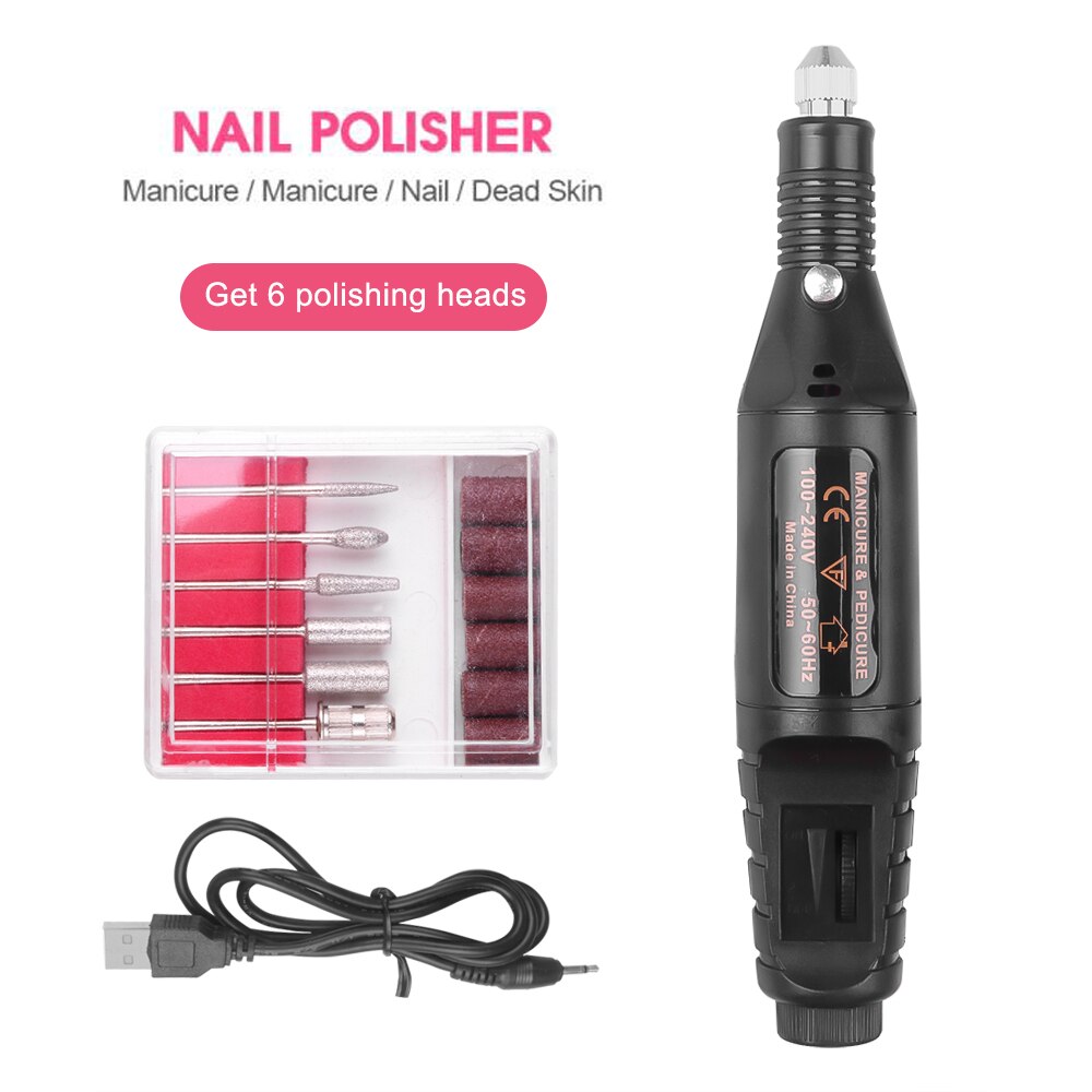 1 sæt power elektrisk manicure maskine pen pedicure neglefil værktøj 6 bits negle boreudstyr: Sort