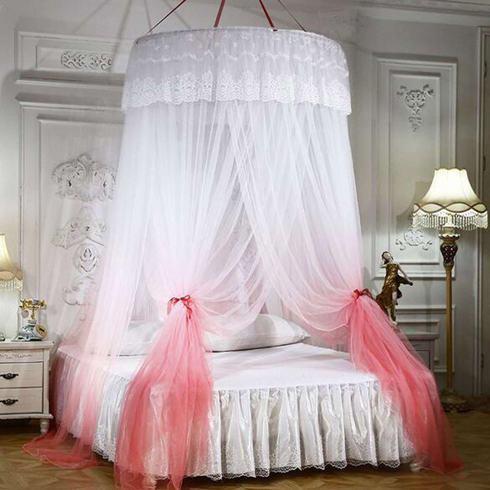 Duży romantyczny kolor gradientowa kopuła komara zasłony kopuła księżniczki z siatką moskitierą kopuła składane łóżko z baldachimem z hakiem # T2: różowy 