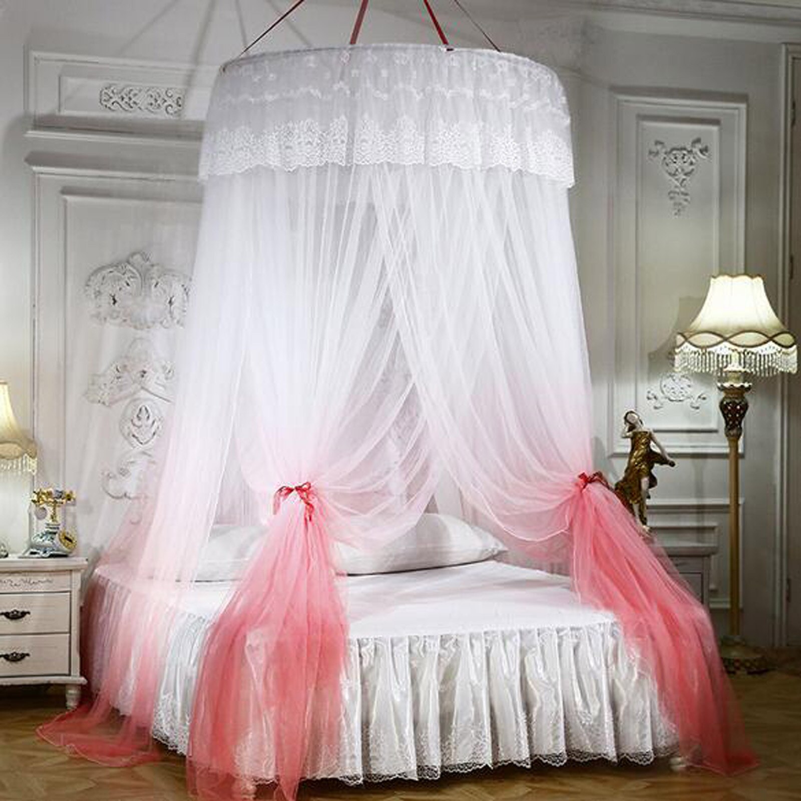 Large romantic color gradient dome mosquito curtains princess Dome mosquito net Home Dome Foldable Bed Canopy with Hook#T2: Pink 