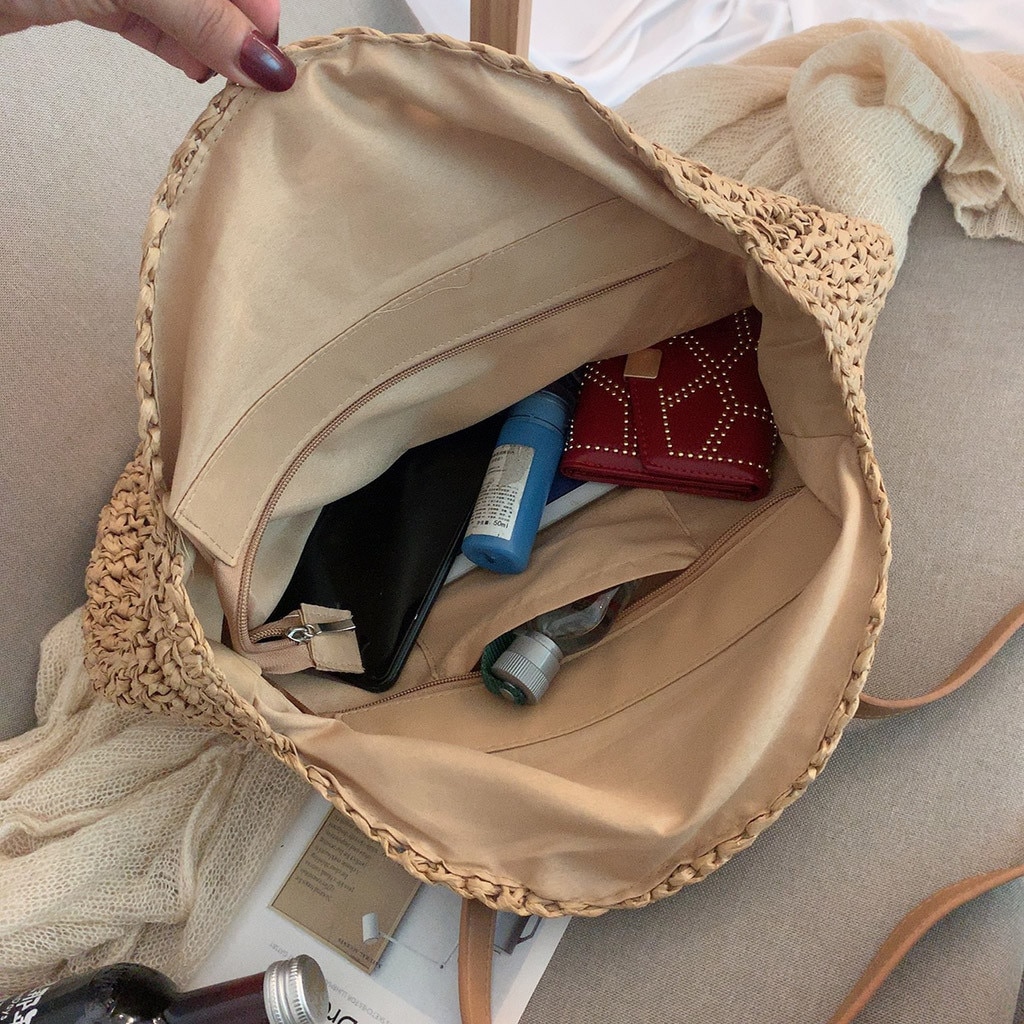Kvinder rund håndtaske sommer bohemen strand taske rattan vævet håndlavet strikket halm totes læder kvinder skuldertaske  #t1g