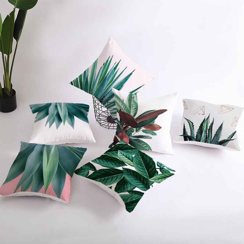 Kids Tropische Planten Palmblad Groene Bladeren Monstera Kussenhoezen Hibiscus Bloem Kussenhoes Decor Beige Linnen Kussensloop