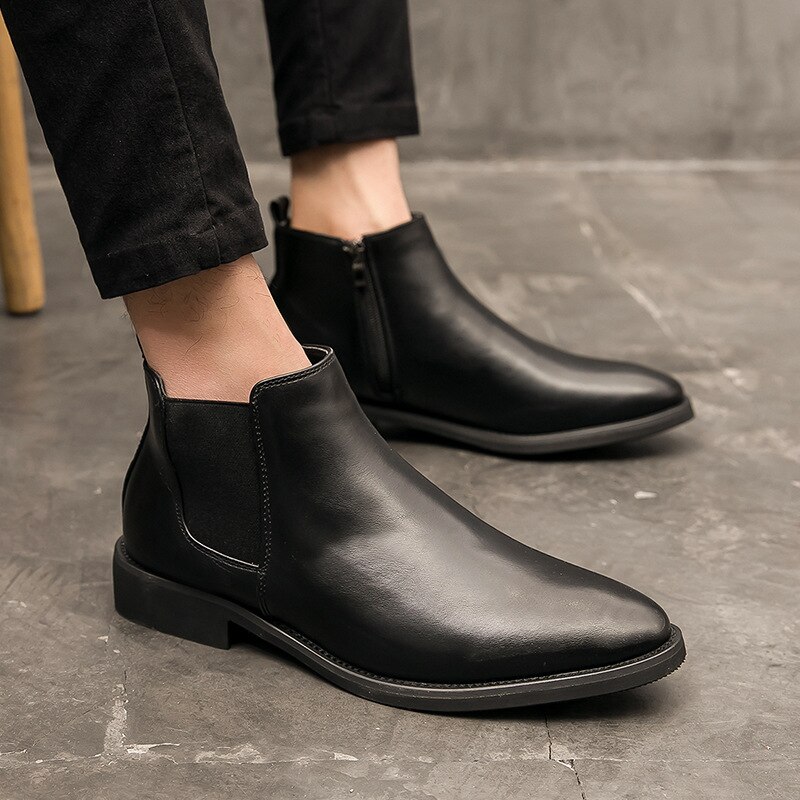 Botas Chelsea clásicas de invierno para hombre, botas altas transpirables con punta estrecha, botas totalmente negras, cuero de , cremallera, zapatos informales fáciles de combinar